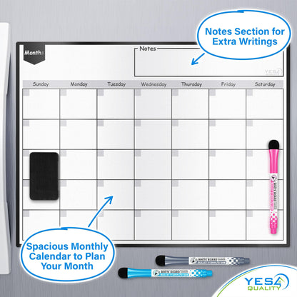 Magnetic Dry Erase Whiteboard Calendar for Fridge - A3 / 40 x 30 cm - Refrigerator White Board Sheet with 3 Colourful Markers & Eraser - Monthly Meal Planner & Organiser for Family - by Yes4Quality