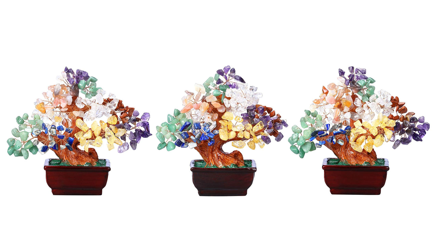 Jovivi Natural 7 Chakra Gemstone Crystal Money Tree Resin Base Bonsai Feng Shui Decorations for Wealth and Luck 6.3"-6.7"