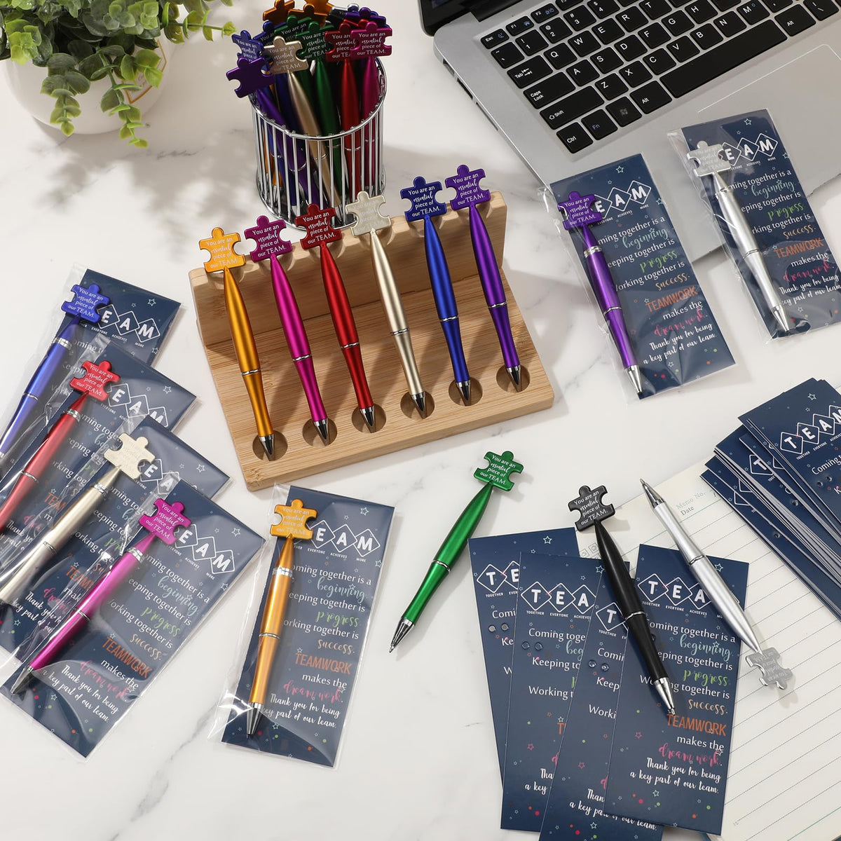 Sinload 30 Sets Team Appreciation Gifts Bulk Inspirational Puzzle Ballpoint Pens Motivational Cards Bookmark for Team Staff Office Coworker Employee Teamwork Gifts