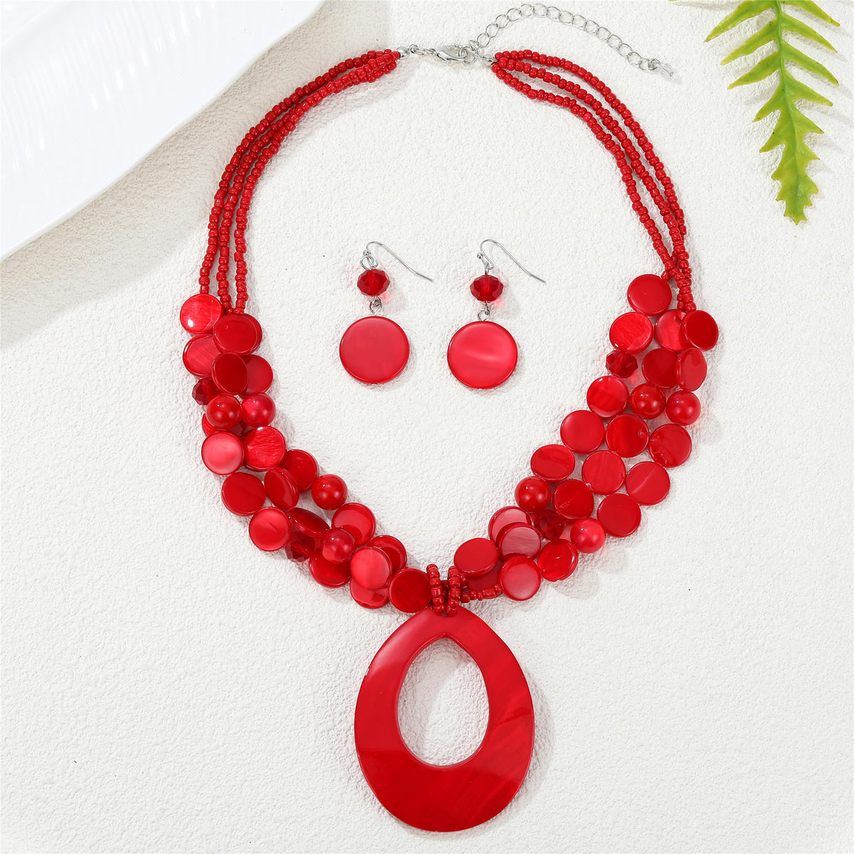 Aenu Multi-Strand Beaded Necklace with Teardrop Pendant Colorful Beads Statement Jewelry Set for Women (Red)