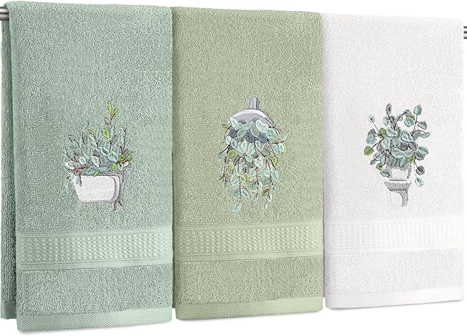 3 Pcs Eucalyptus Hand Towels Farmhouse Embroidered Botanical Bathroom Decor