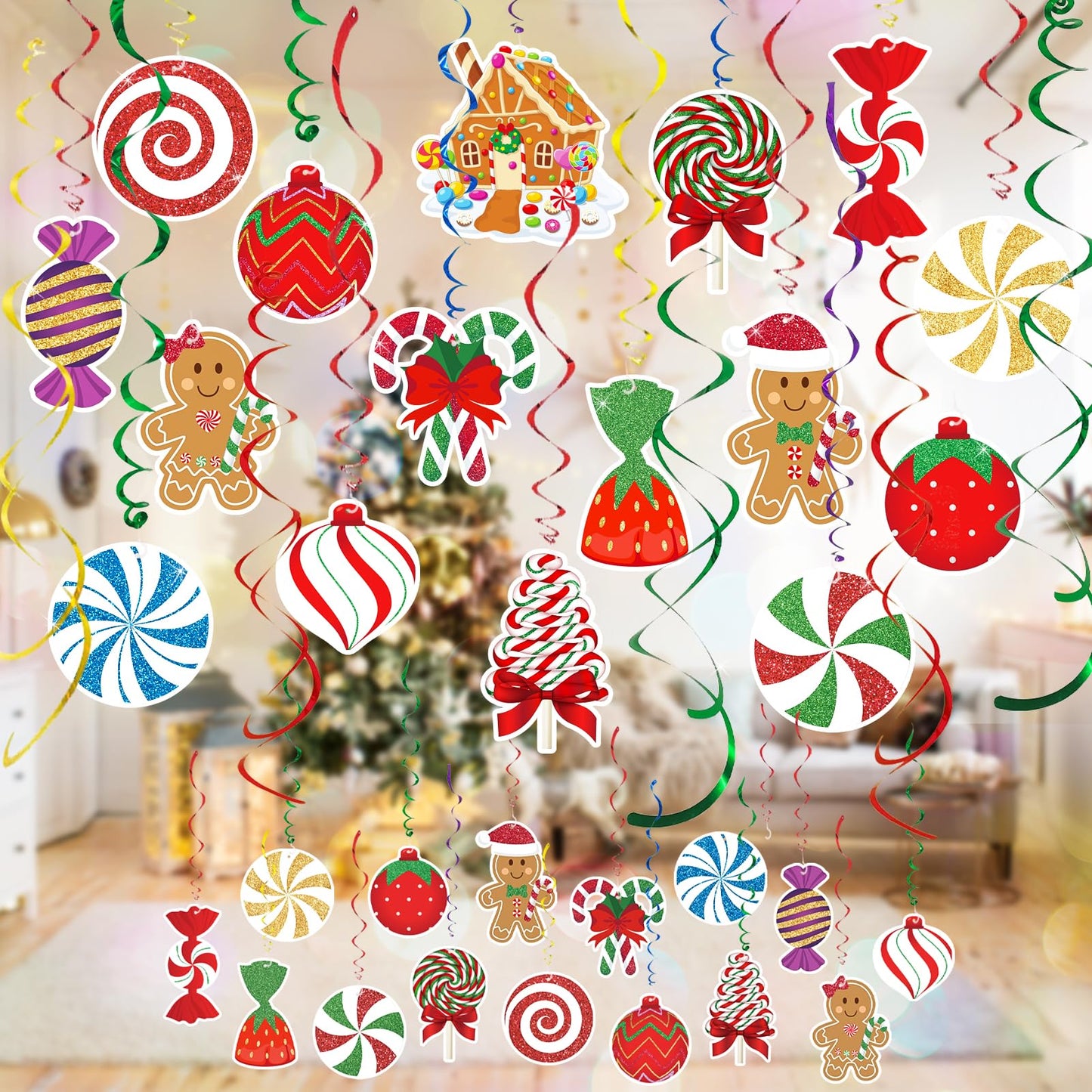 Candy Gingerbread Christmas Decorations - 20pcs Glitter Gingerbread House Candy Christmas Balls Hanging Swirls for Candyland Xmas Party Decor Supplies