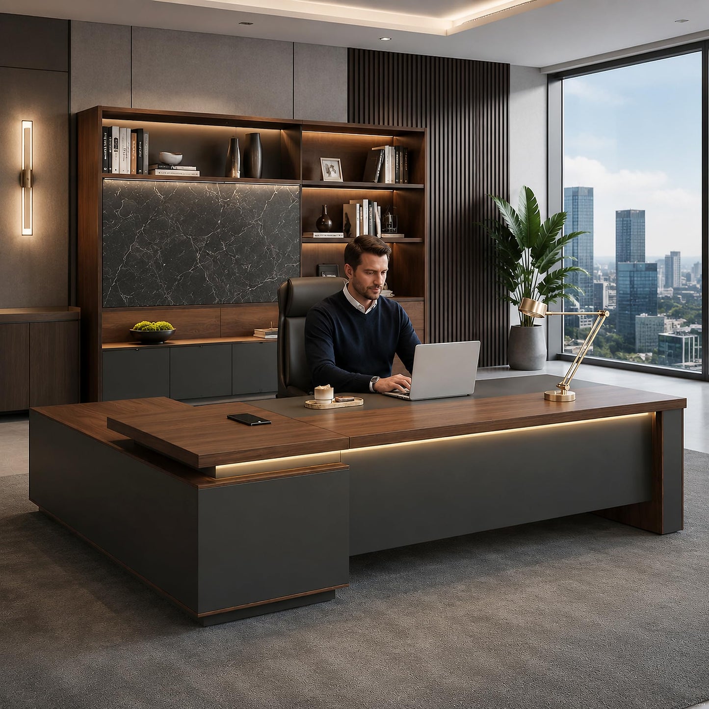 Nuipesn 87-Inch Reversible L-Shaped Executive Desk with Power Outlet & LED Lighting, Large Modern Office Desk with Drawers & Storage Shelves for Home & Office, Red Walnut & Iron Gray