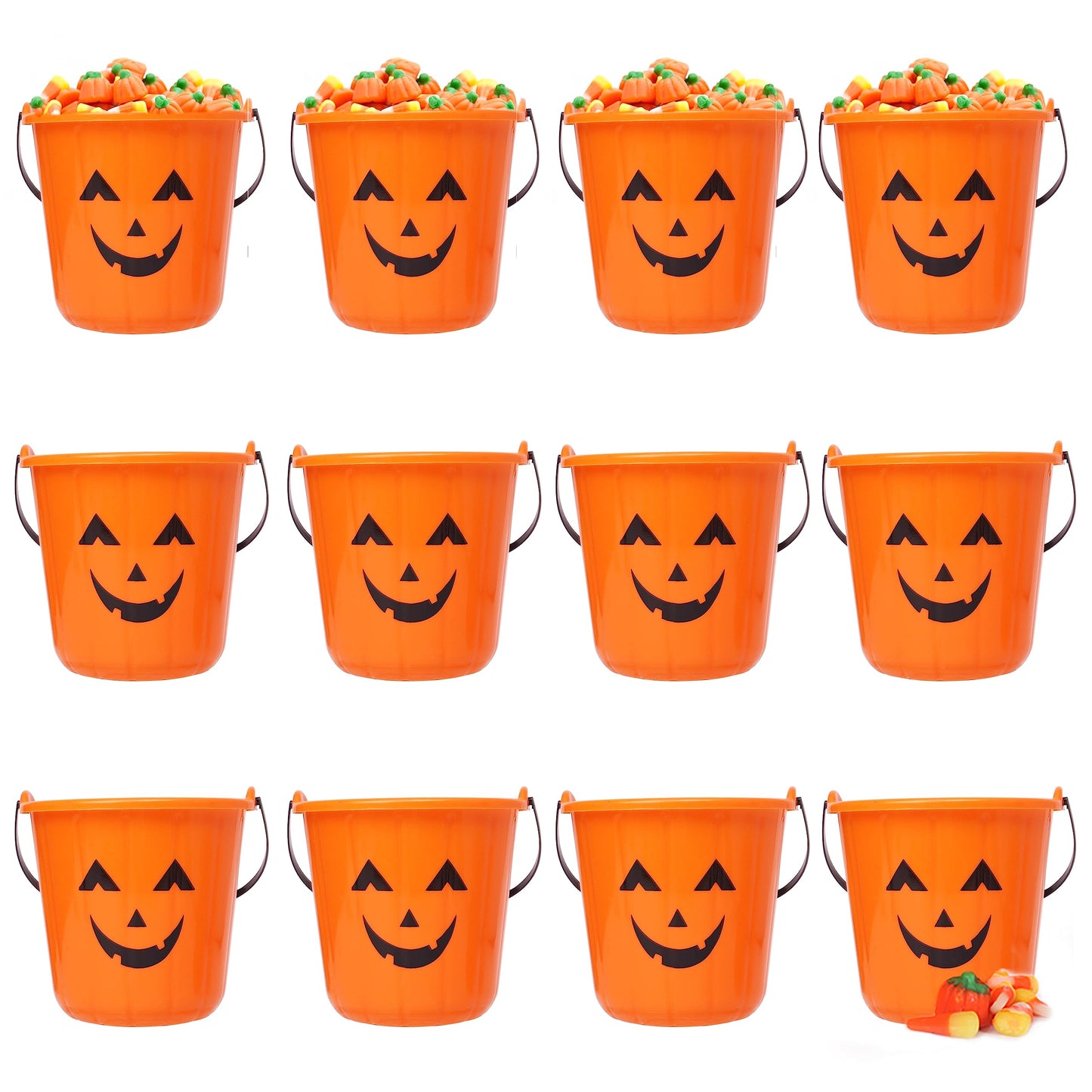Triumpeek Halloween Pumpkin Trick Treat Buckets, 12 pcs Halloween Jack O Lantern Pails, Trick or Treat Bucket, Portable Plastic Candy Pumpkin Pails