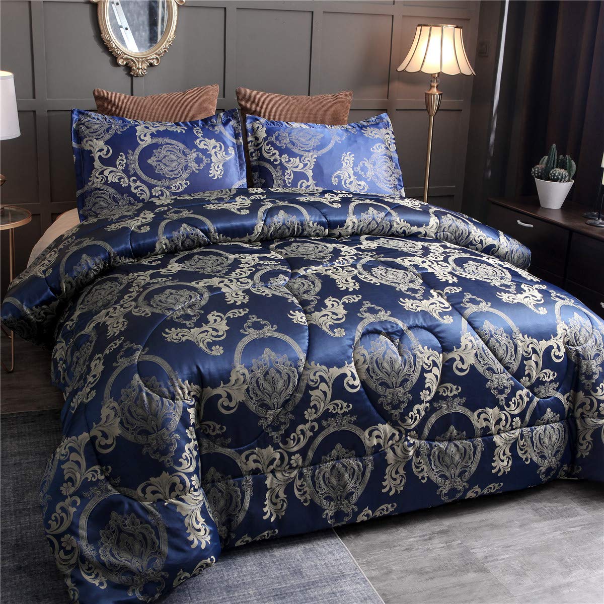 Raytrue-X Comforter Set Satin Silk Blanket All Season Bed Luxury Royal Blue Jacquard Quilt Bedding Sets Matching 2 Pillow Shams (Full/Queen, 88x88 inches, 3 Pieces)