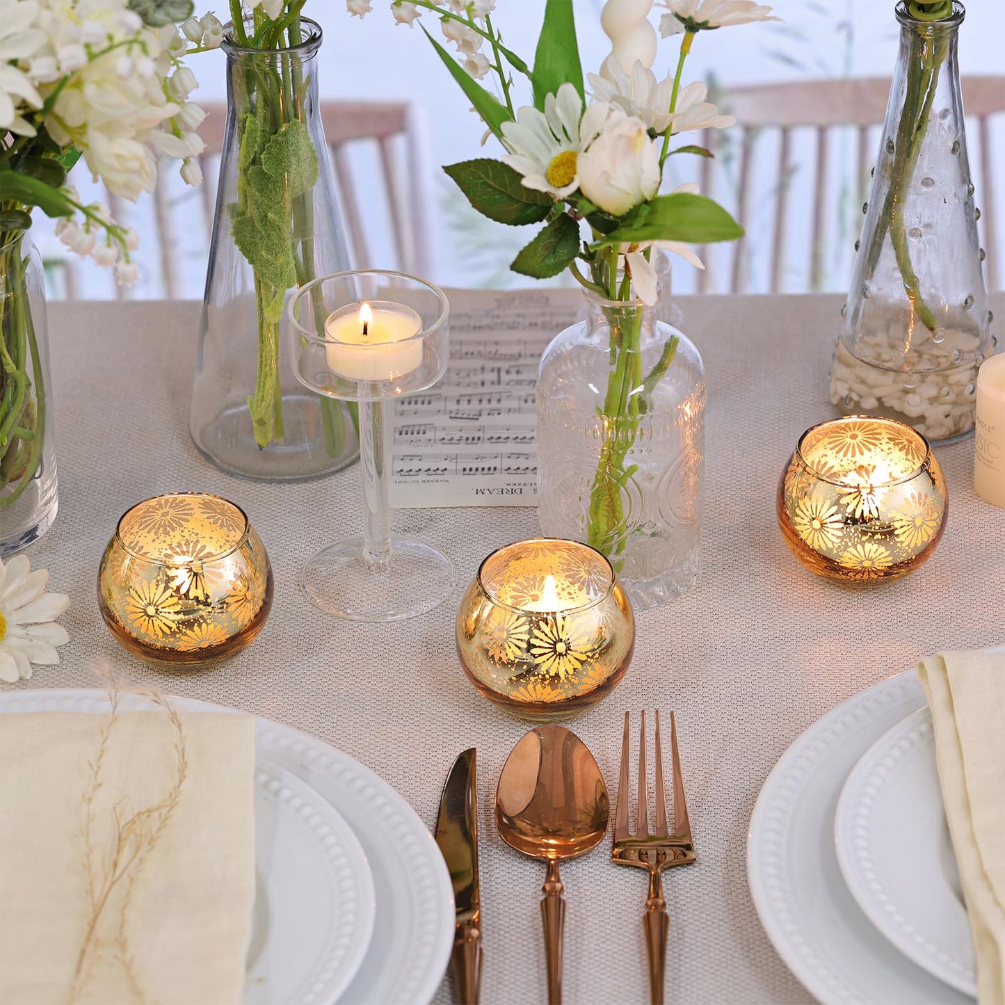 sunnyfuture Gold Mercury Glass Votive Candle Holders Set of 12, Round Tealight Candle Holders Bulk for Table Centerpieces, Weddings, Shower Gifts, Christmas, Halloween Party Decorations