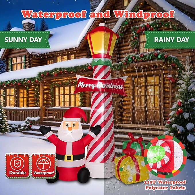 8Ft Christmas Decorations Outdoor Inflatables Giant Santa Claus Stands Under The Lighthouse with Gift Box, Blow Up Built-in LED Lights for Party Outdoor Garden Indoor Yard Lawn