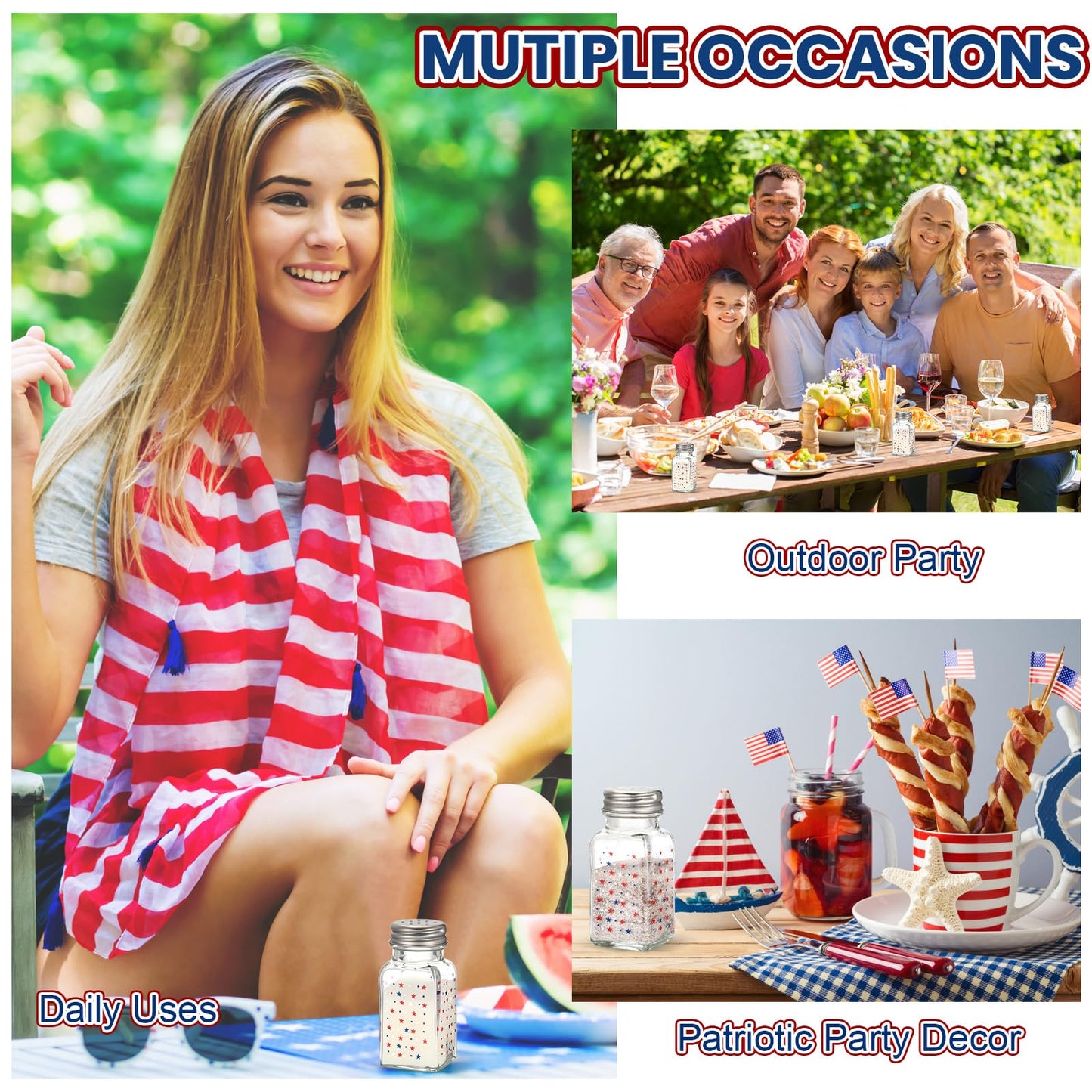 Reallnaive 2 Pcs 4th of July Salt and Pepper Shakers, Patriotic Salt and Pepper Shakers Set Independence Day Red White and Blue Star 250th Anniversary Kitchen Counter and Table Decor