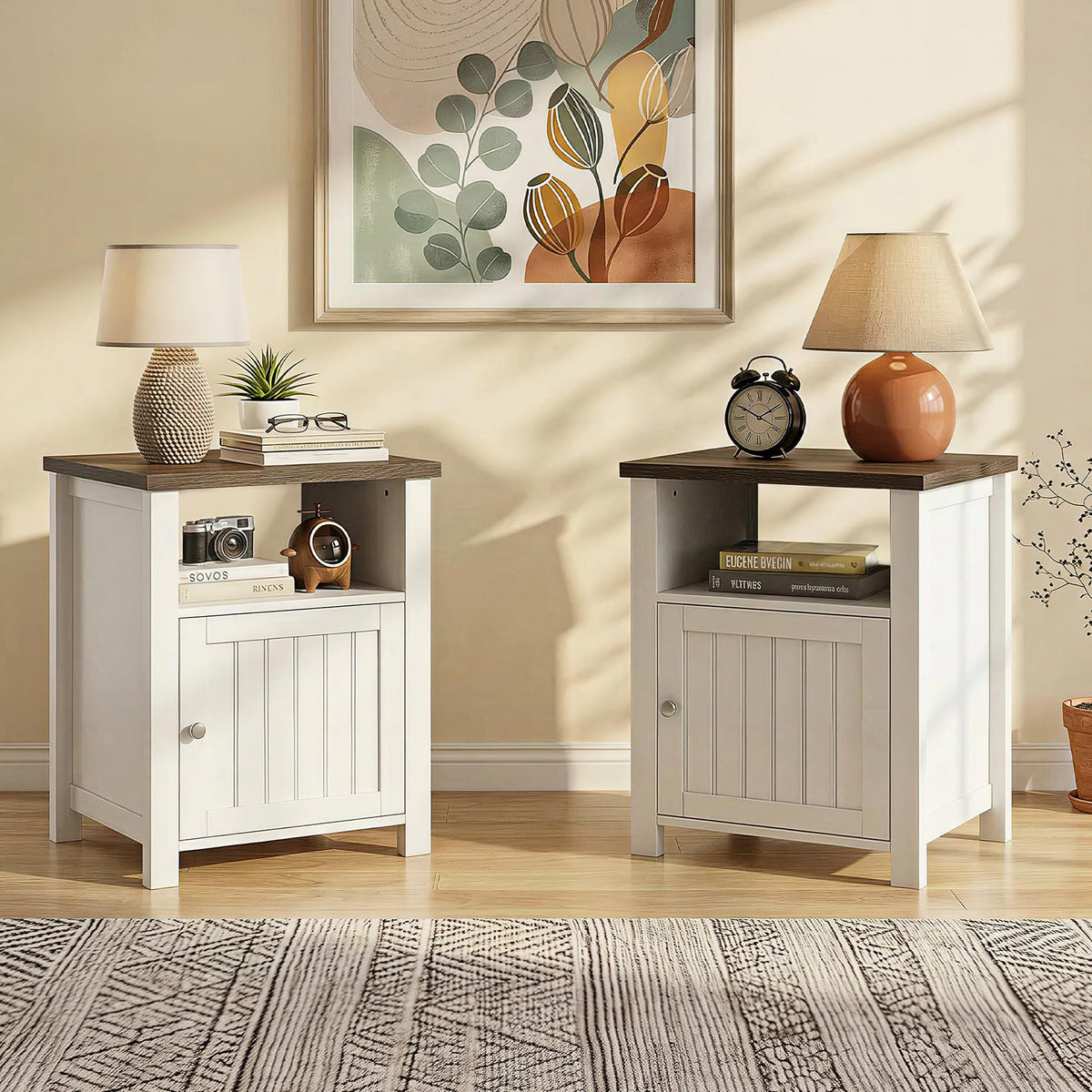 ChooChoo Farmhouse Nightstands Set of 2, Wooden Night Stand with Storage and Open Shelf, Rustic End Table Set of 2 for Bedroom, White & Brown