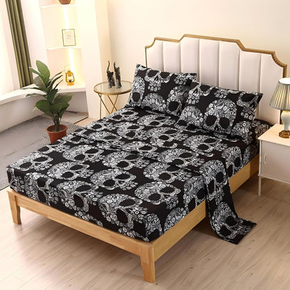 SDIII 4PCS Sugar Skull Sheets Set Full, Soft Microfiber Gothic Bedding Skeleton Sheet Set, Goth Skull Halloween Sheets Full Deep Pocket Hotel Luxury