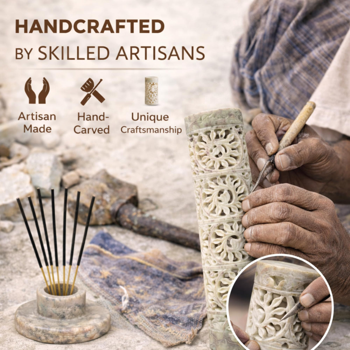 Carry Me Marble Soapstone Incense Stick Holder | Candle Burner | Tea Light Holder - Perfect Handmade Floral Carving for Gifting. Decorative Home and Office Decor.(3 x 3 x 11 Inches)