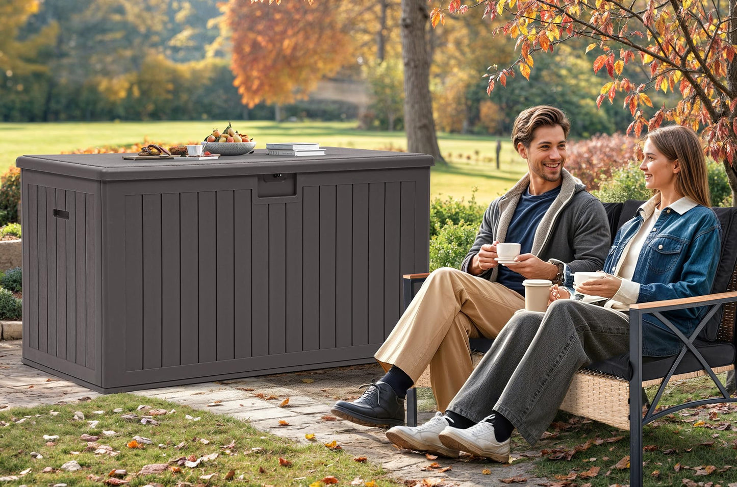 YITAHOME 200 Gallon Double-Wall Deck Box with Divider & Side Handles, Outdoor Large Storage for Patio Furniture Cushions, Garden Pool Accessories, Water Resistant & Lockable
