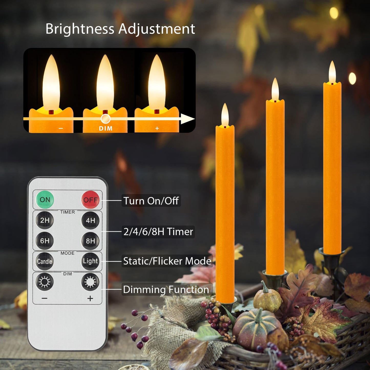 Orange Flameless Candles with Remote, 9.6" Fall Candles with Remote, Real Wax Battery Operated Candles Flickering Flameless Taper Candlessticks for Fall, Thanksgiving, Harvest, Halloween Decor, 3 Pack
