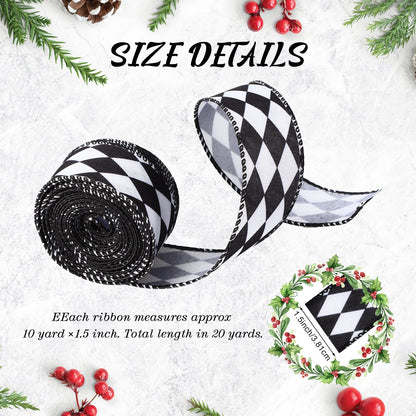 Luinabio 3 Rolls 30 Yard 1.5 Inch Christmas Black White Harlequin Ribbon Checkered Wired Ribbon Decorative for Xmas Fall Tree Wrapping Wreath Bouquet Crafts (Classic Style)