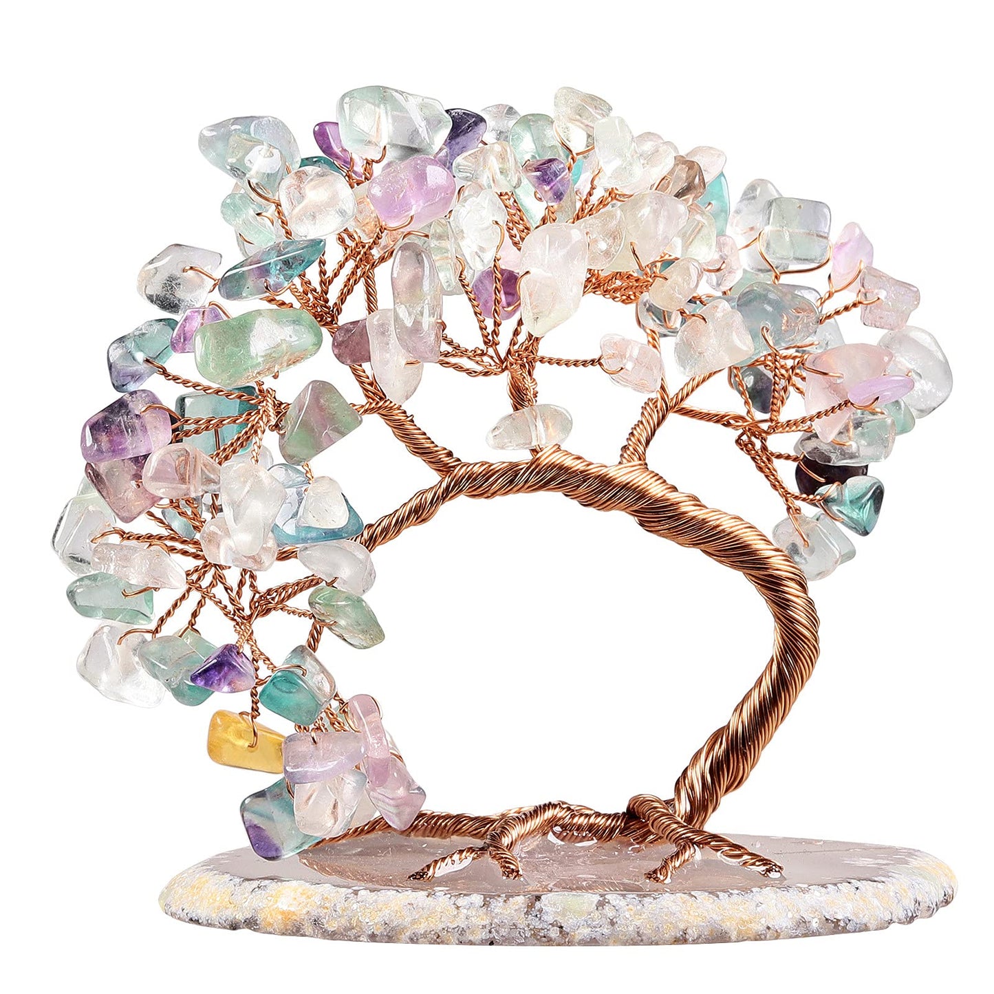 mookaitedecor Natural Fluorite Crystal Money Tree Agate Slice Base Feng Shui Bonsai Crystal Tree for Wealth Luck Desk Decor, 3-4 Inch High