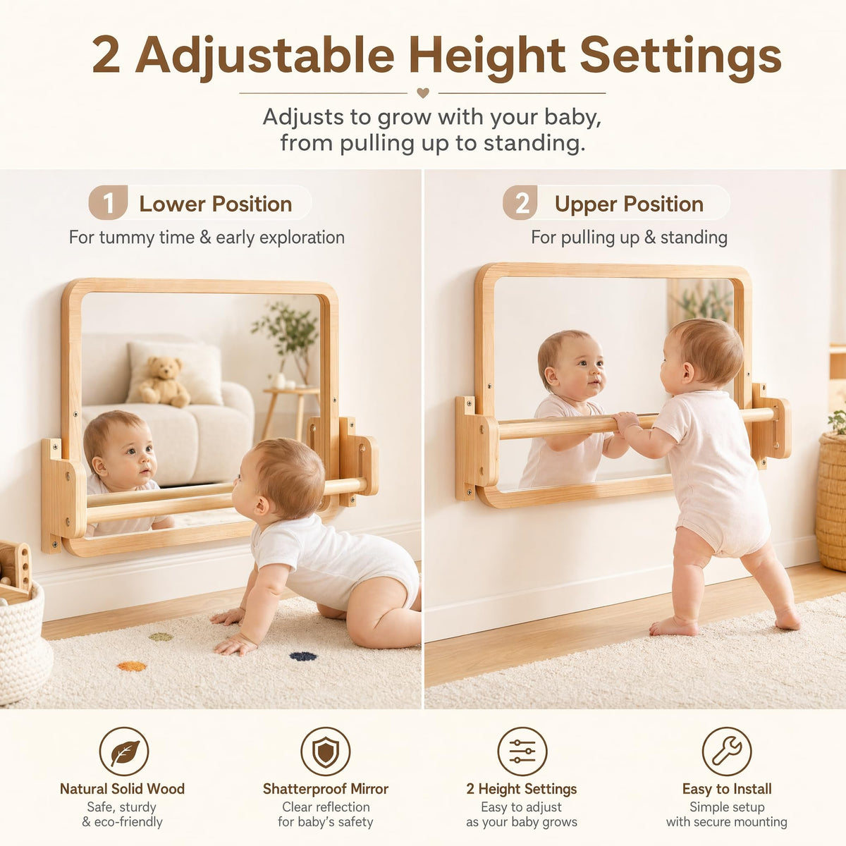 Woodtoe Montessori Mirror with Bar, Adjustable Baby Pull to Stand Toys, Natural Unpainted Solid Wood Frame & Baby Pull Up Bar, Infant Coordination Toddler Mirror, Developmental Toys for 6-18 Months