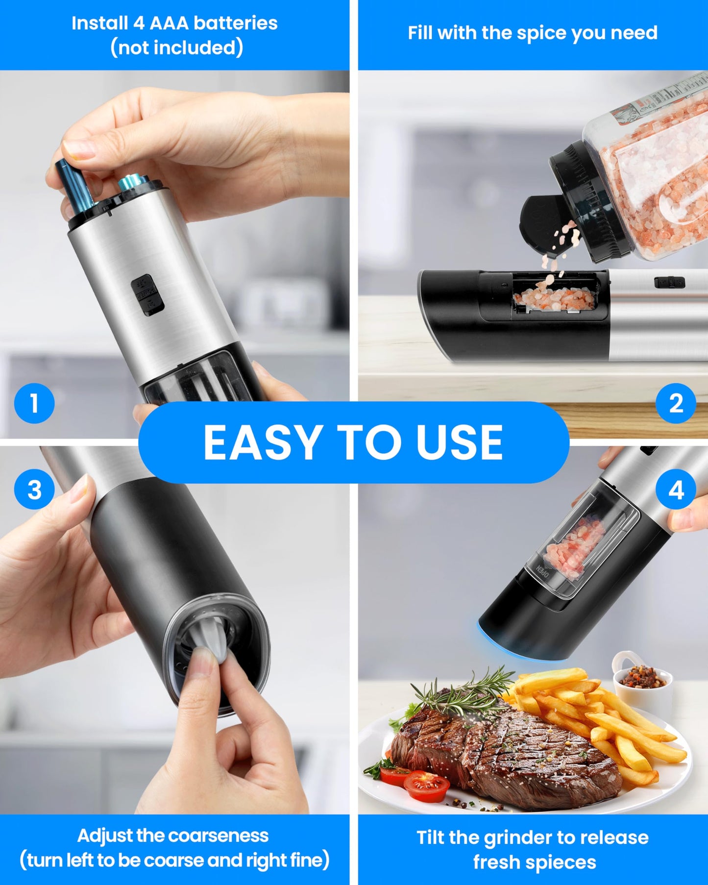 Simple Deluxe Stainless Steel Gravity Electric Salt & Pepper Grinder Set, Battery Powered with Blue LED Light, Adjustable Coarseness, One Hand Automatic Operation, Silver