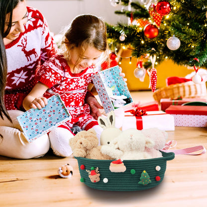 JUNBOLE Christmas Basket Empty with Gift Bag and Ribbons Woven Storage Basket13”x10”x5” Christmas Gift Baskets to Fill gifts Small Cotton Rope storage Basket(dark green, large)