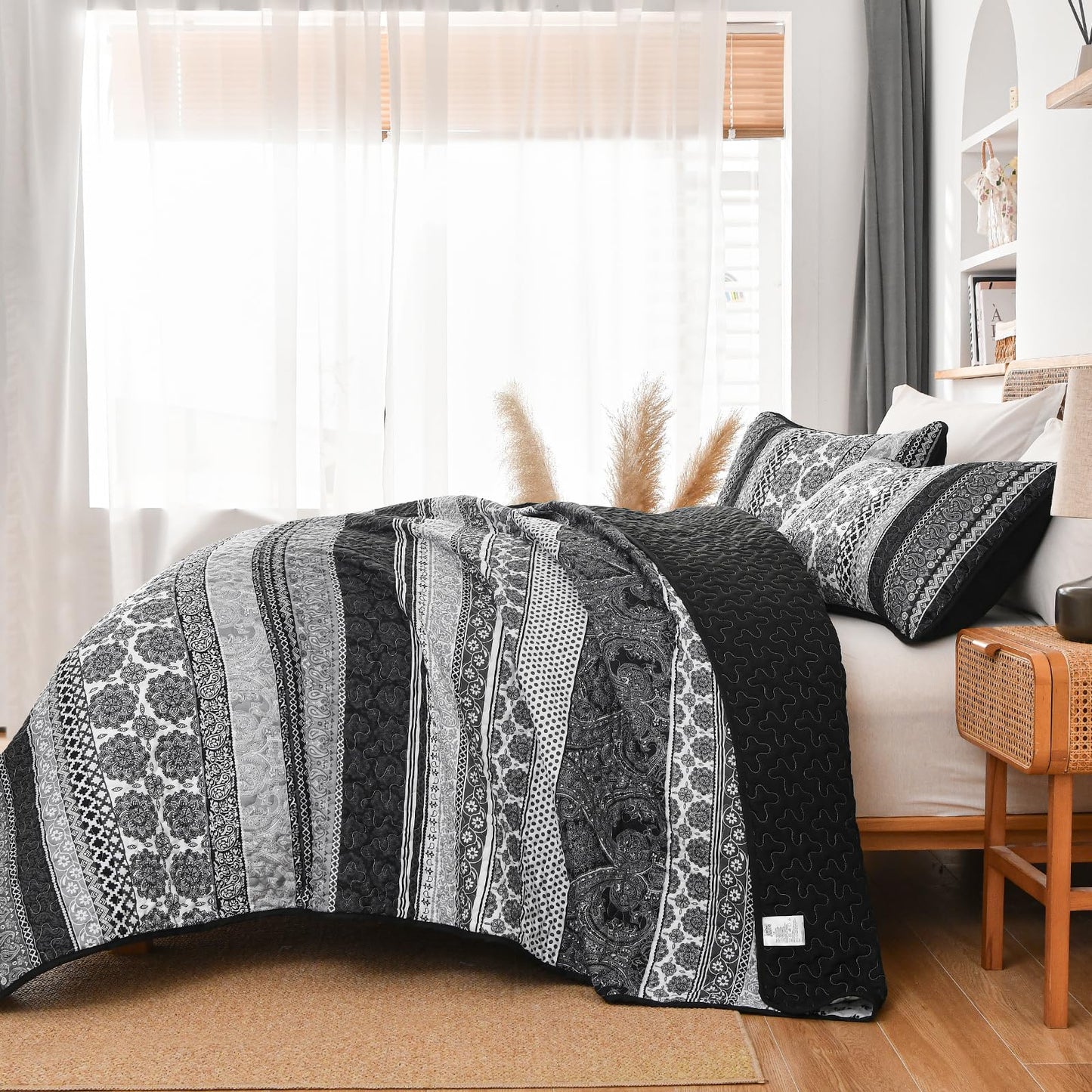 WONGS BEDDING Boho Quilt Set King Size, Grey Bohemian 3 Pieces Quilt Sets, Lightweight Bedspread Coverlet Bedding Set for All Season (104"x90")