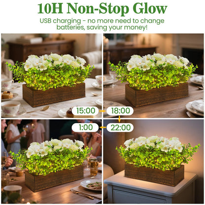 14" Artificial Peony Hydrangea Flowers Arrangement in Rectangular Wooden Planter Box, Rechargeable LED Faux Plants with Remote, Table Centerpieces for Dining Room Coffee Living Room Easter Home Decor