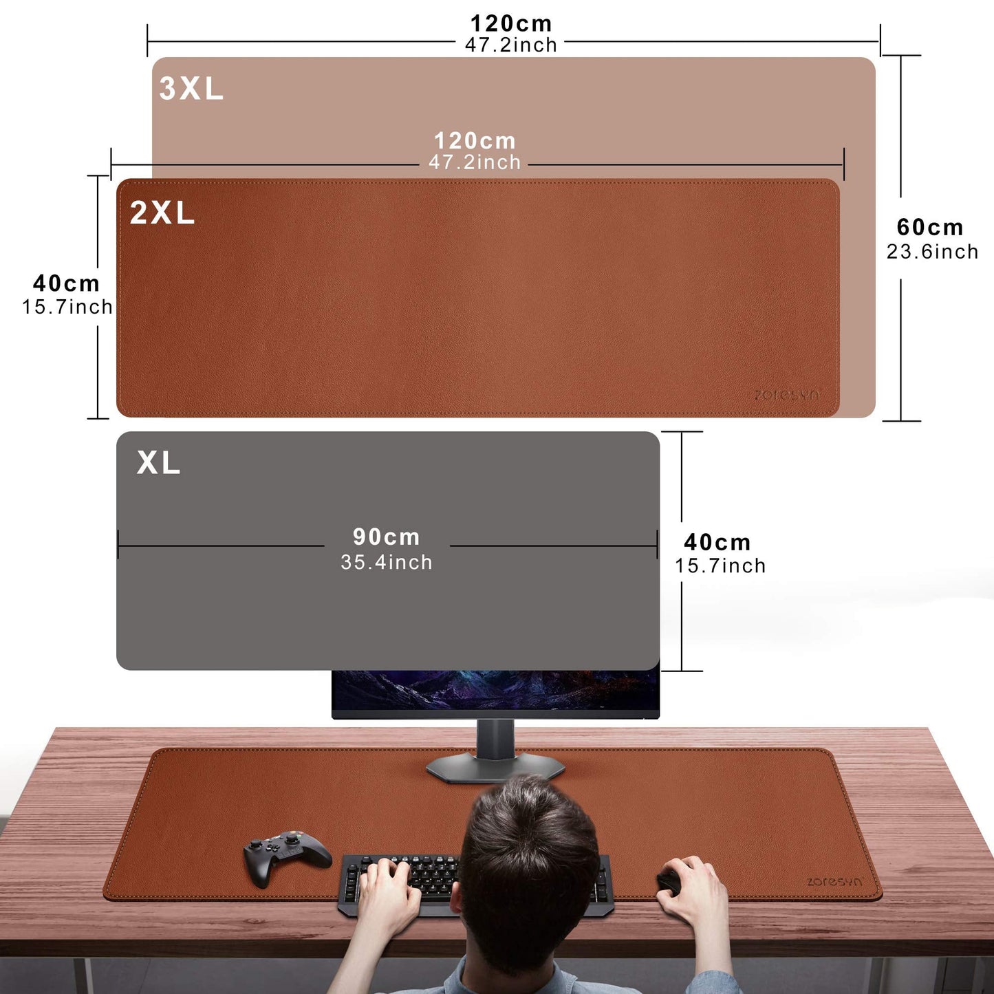 ZORESYN Large Gaming Desk Mat 120x40cm (Light Brown), PU Leather Extended Mouse Pad with Keyboard Space, Waterproof & Nonslip Base
