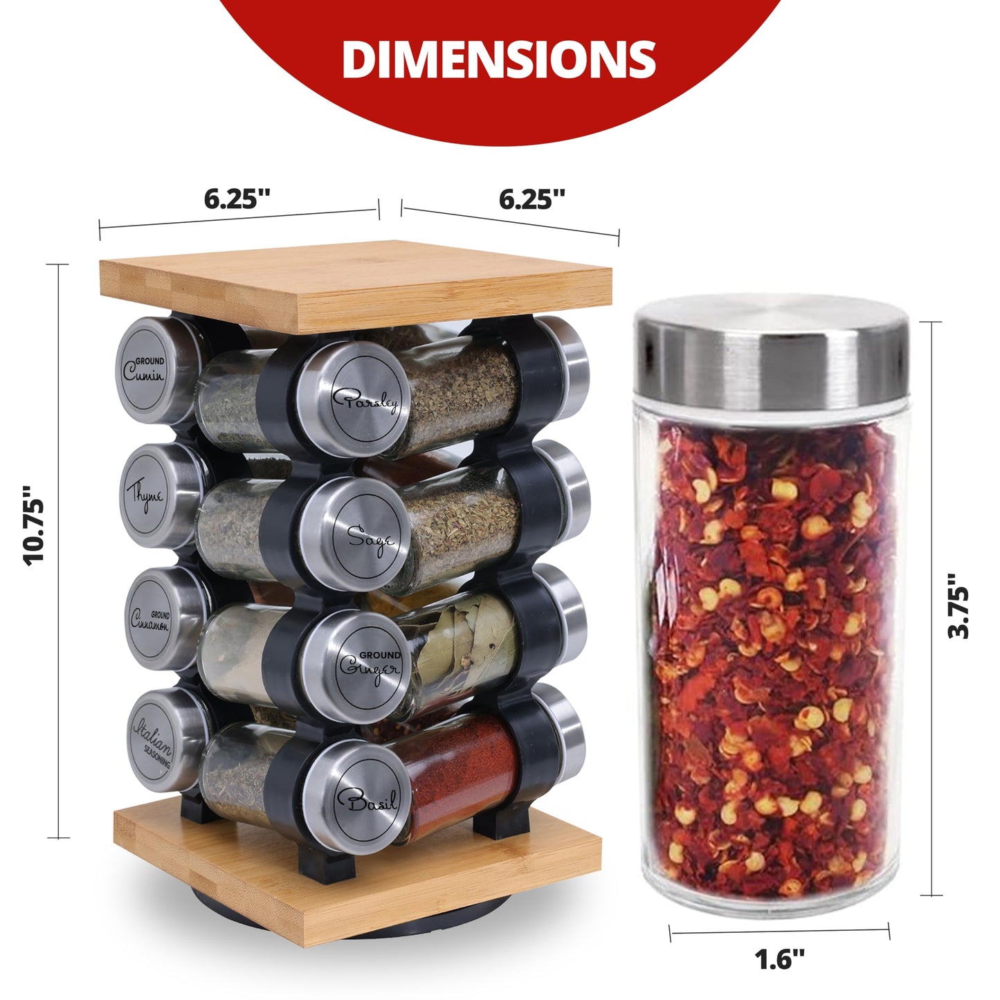 Orii 16 Jar Rotating Bamboo Spice Rack with Spices Included & 5-Year Spice Refill Program – Compact Countertop Spice Rack with Glass Jars
