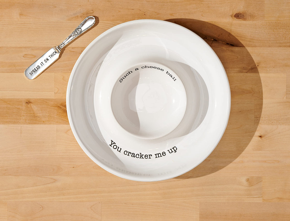 Mud Pie Circa Cheese Ball Dish Set,White, dish 1 1/2" x 9 1/2" dia | spreader 5 1/2"