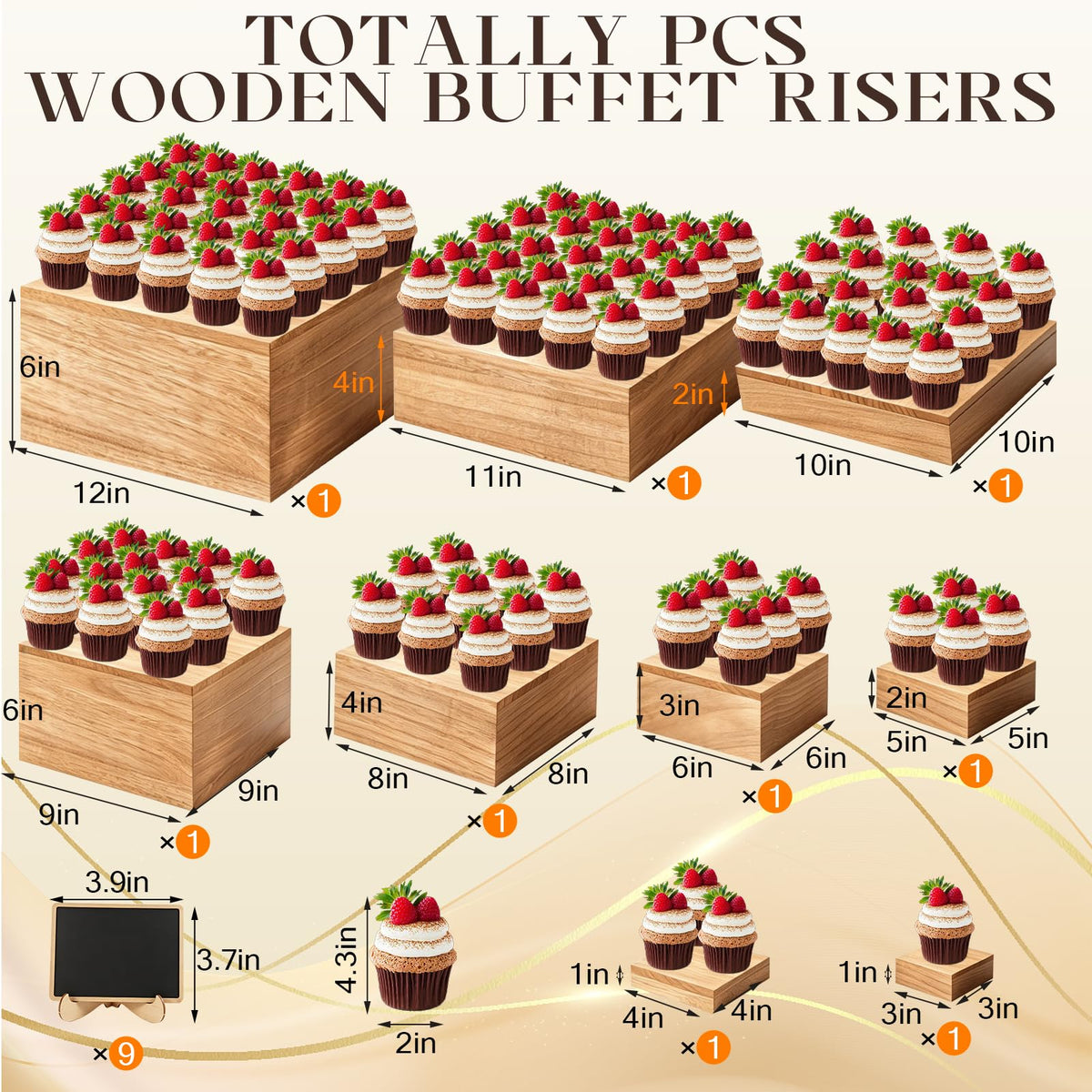 Gleom 9 Pcs Extra Large 12" Wooden Buffet Risers Set with Mini Sign Food Risers for Buffet Table Multi Size Cake Display Stands for Party Wedding Dessert Jewelry Home Decor