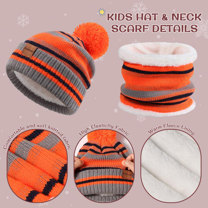 Kids Winter Hat Gloves Scarf Set: Girls Boys Children Beanie Gloves Neck Warmer Knit Set with Thick Warm Fleece Lined For 6-10 Years Old - Orange