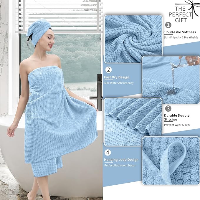 8 Piece Bathroom Towel Set Blue |2 Oversized Large Bath Towels Sheet, 2 Hand
