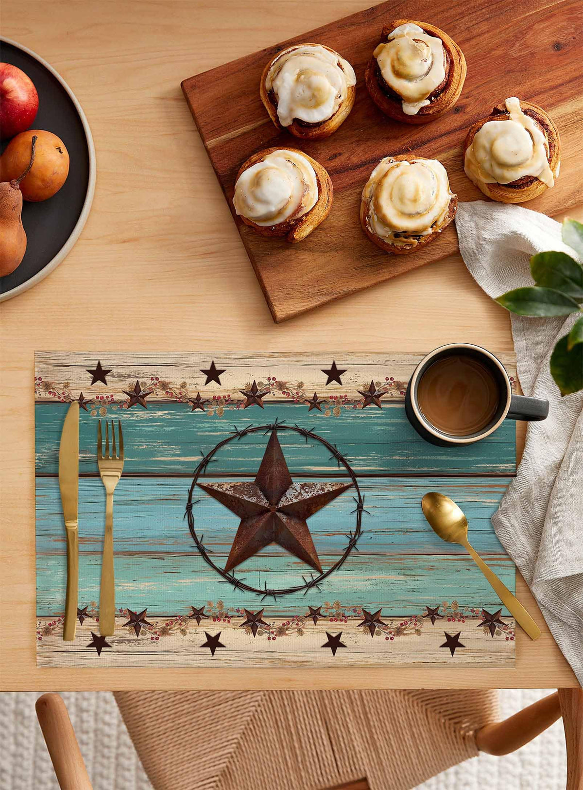 Western Texas Star Placemats Set of 6 Retro Turquoise Wooden Rustic Farmhouse 13x19 Inch Washable Non Slip Linen Table Mats, Rustic Summer Placemats for Dining Table Party Kitchen Decor