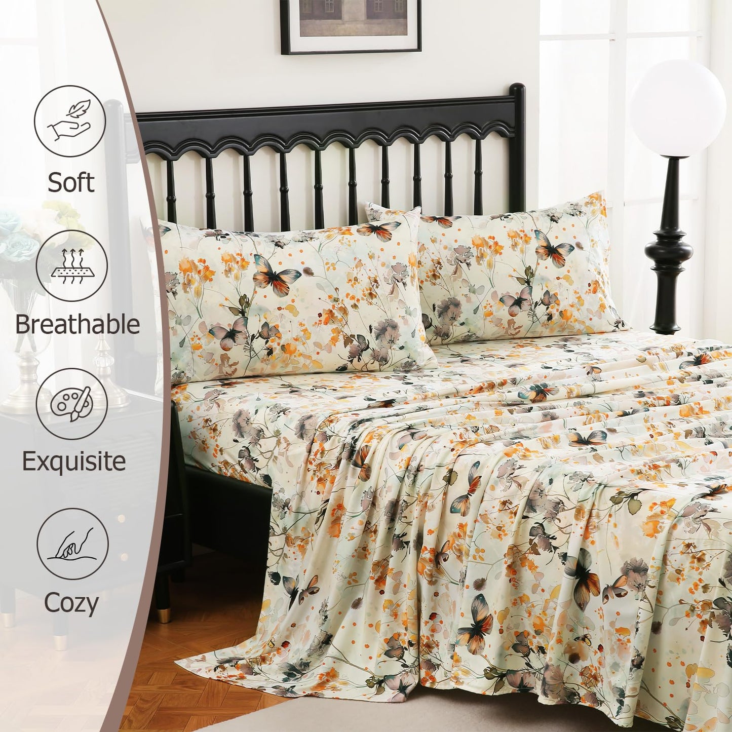 CozySmile Queen Size Printed Sheet Set Soft & Breathable Bedding Deep Pocket 16" Cooling Wrinkle Free Comforter Bed Set Botanical Pattern Sheets (Queen, Butterflies Dancing)