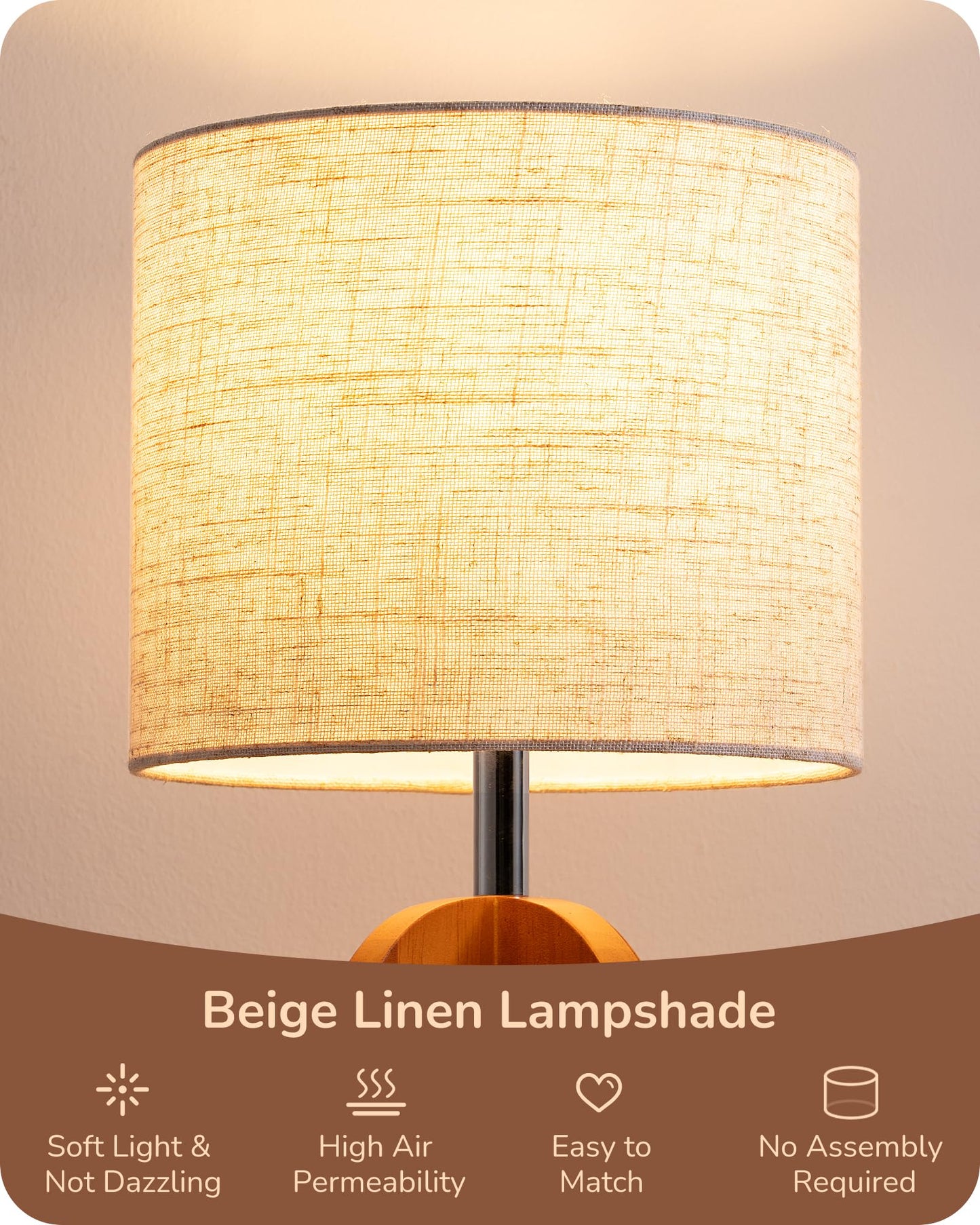 EDISHINE Wood Table Lamp, Small Nightstand Lamp with Beige Linen Lampshade, Integrated Four-Legged Wooden Base, End Bedside Lamp for Nursery, Bedroom, End Table, ON/Off Switch, E26, 14.17"