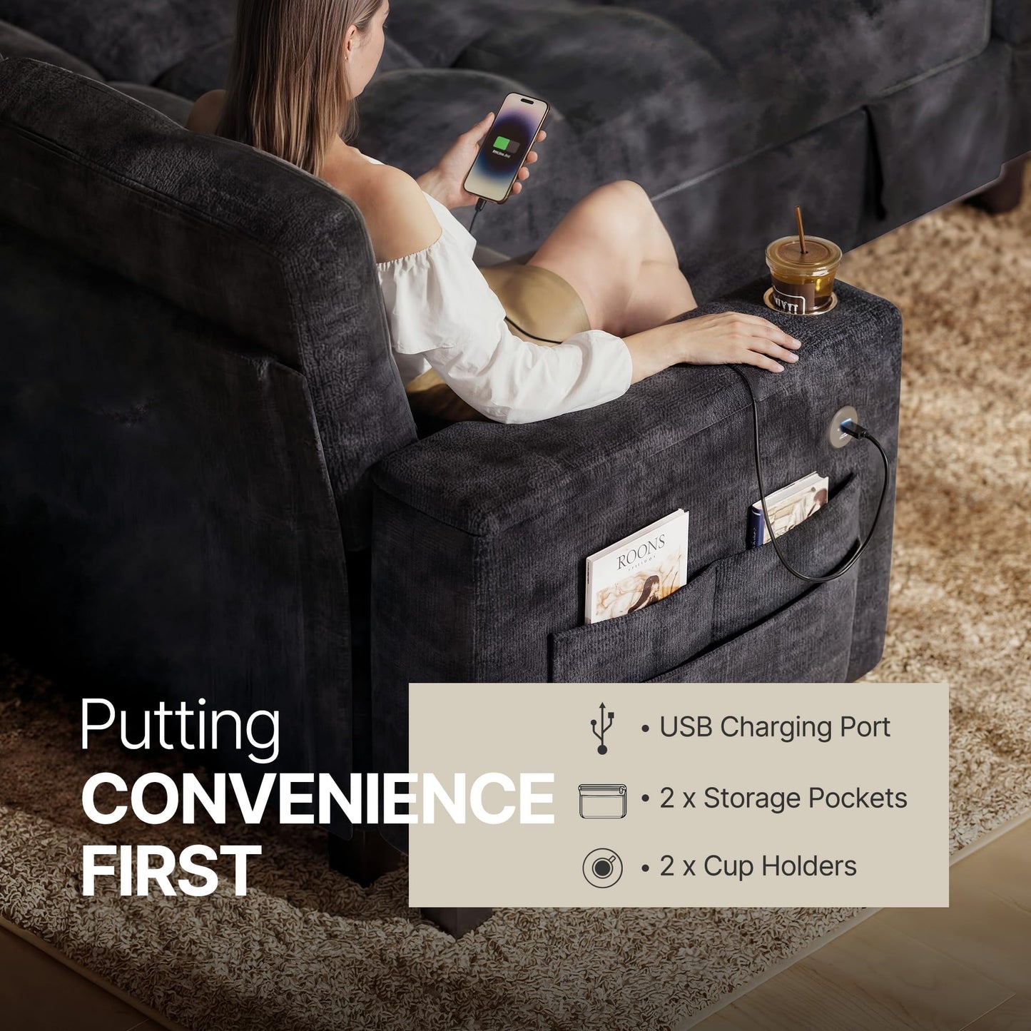 Marsail 84.6" Sectional Sleeper Sofa with Pull Out Bed, 5 Seat Modular Sectional Couch with Storage, USB & Cup Holders, Modern Chenille Cloud Sofa for Living Room, Dark Gray