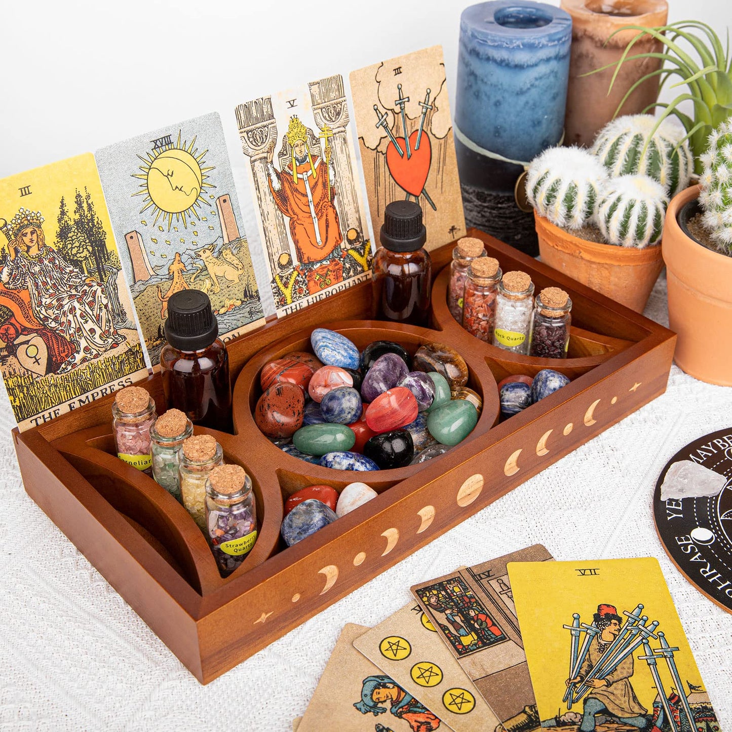Moon Tray Crystal Holder Set, Wood Moon Phase Crystal Tray for Stones Display with Brown Tarot Card Holder, Witchcraft Crystal Organizer Bowl, Wiccan Altar Supplies