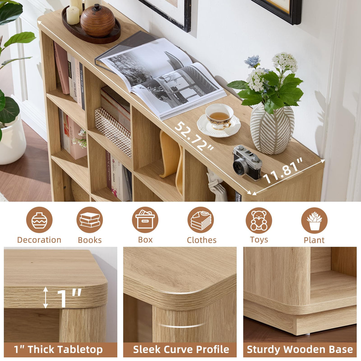 Joaxswe 12 Cube Storage Organizer, 41" Large Bookshelf with Curved Edge, Wood Floor Standing 3-Tier Cubby Bookcase with Base, Rustic Display Storage Cabinet for Living Room, Home Office, Natural Oak