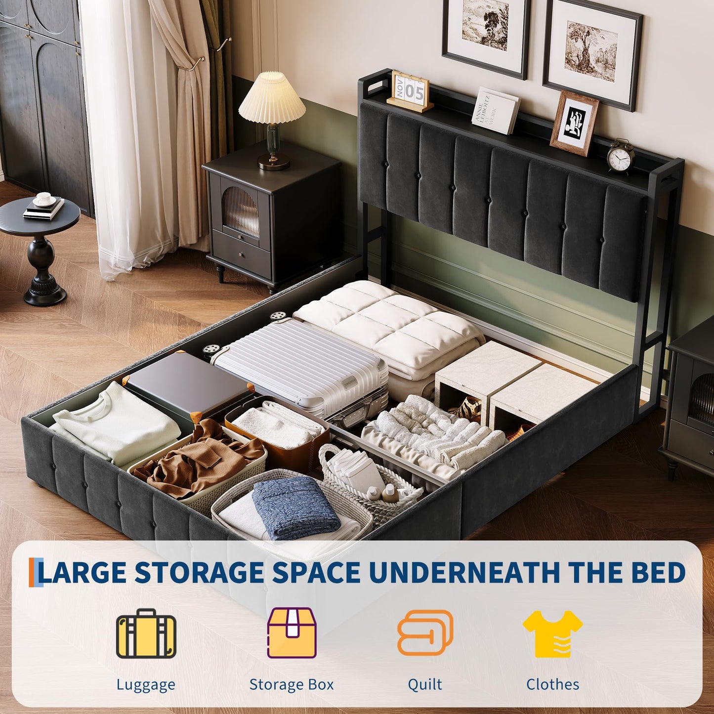 GAOMON Full Size Lift Up Storage Bed Frame with Headboard, Upholstered Platform Bed with Hydraulic Storage, Button Tufted Velvet Bed Frame with Under Bed Storage, No Box Spring Needed, Black