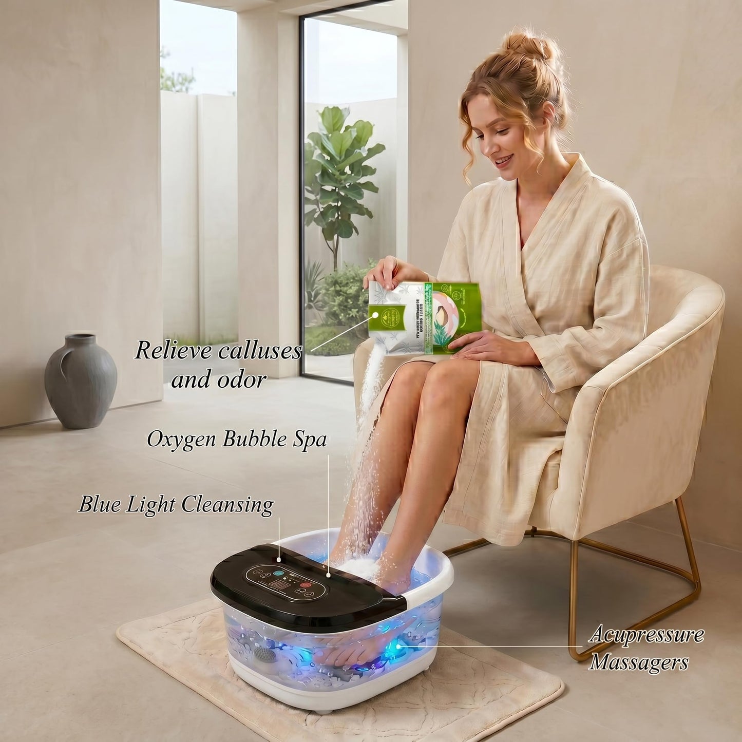 RIGHTMELL Foot Spa with Ozone & Blue Light, Bubble Massage & 8 Rollers, Adjustable Constant Temperature (95℉-118℉), Large Capacity Foot Massager with Epsom Salt for Home & Office Relaxation