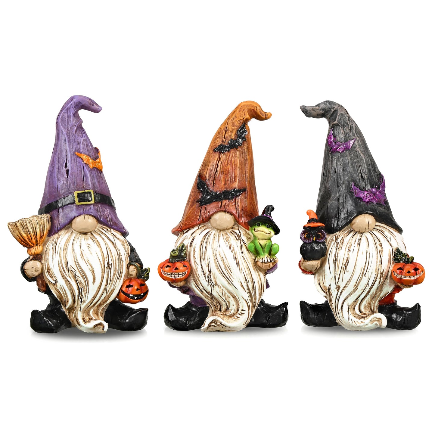Valery Madelyn Gnomes Halloween Decorations Indoor, 3 Pcs Resin Gnome Decor for Home with Bat Witch Hat, Halloween Figurines Elf Dwarf with Broom Jack O Lantern for Table Tiered Tray Outdoor, 3.6"
