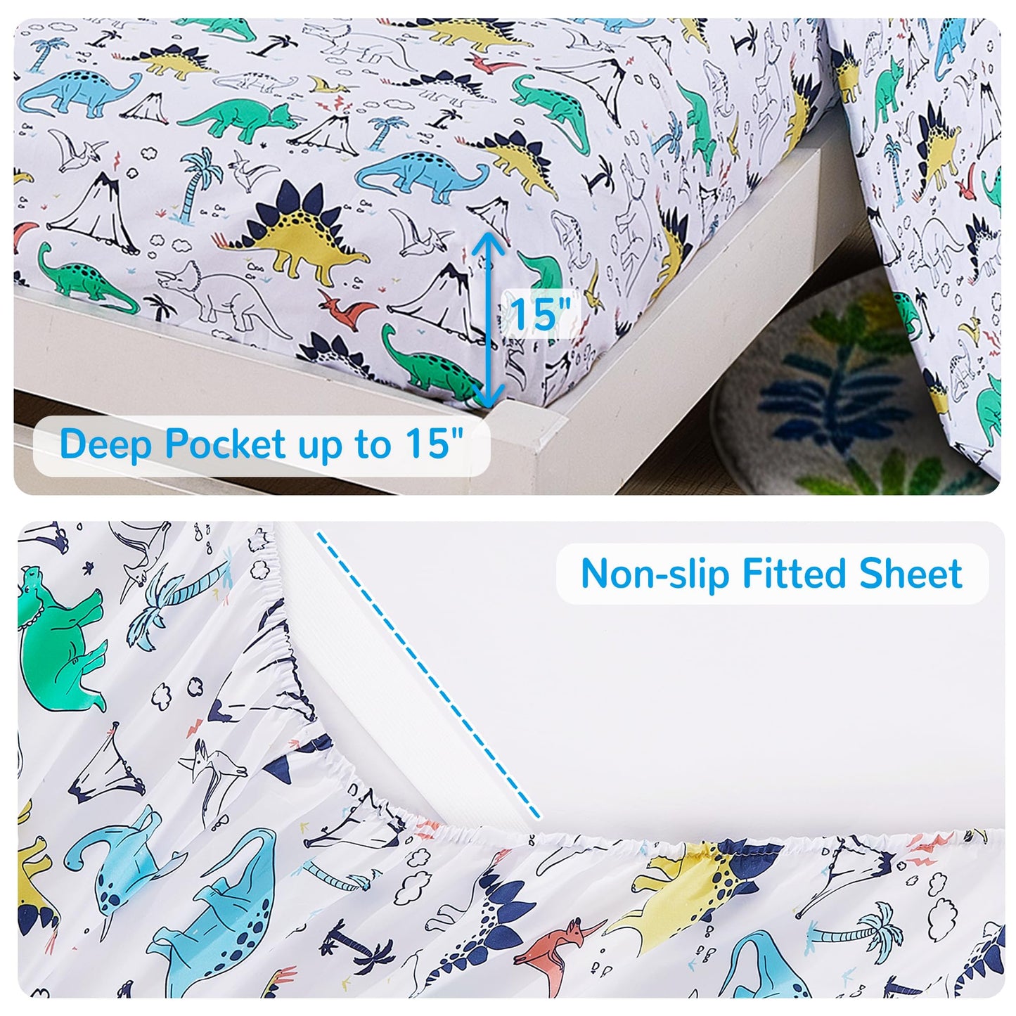 Viviland Kids Twin Bedding Sets for Boys, Soft Twin Comforter Set with Sheets, 5 Pieces Microfiber Bed in a Bag, Blue Dinosaur