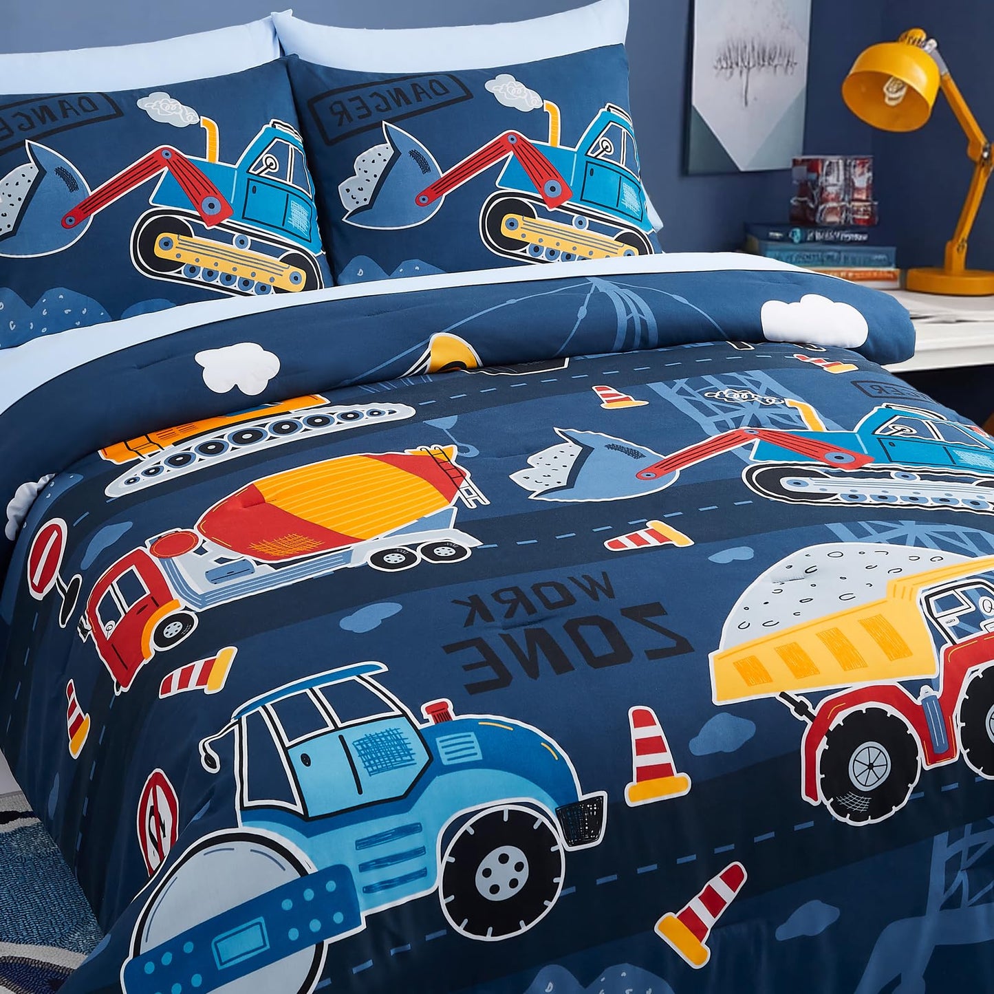 Wink Deer Full Size Comforter Set for Boys-7 Pieces Truck Tractor Excavator Glow in the Dark Full Bedding Sets for Kids, Ultra Soft Bed in A Bag with Sheets