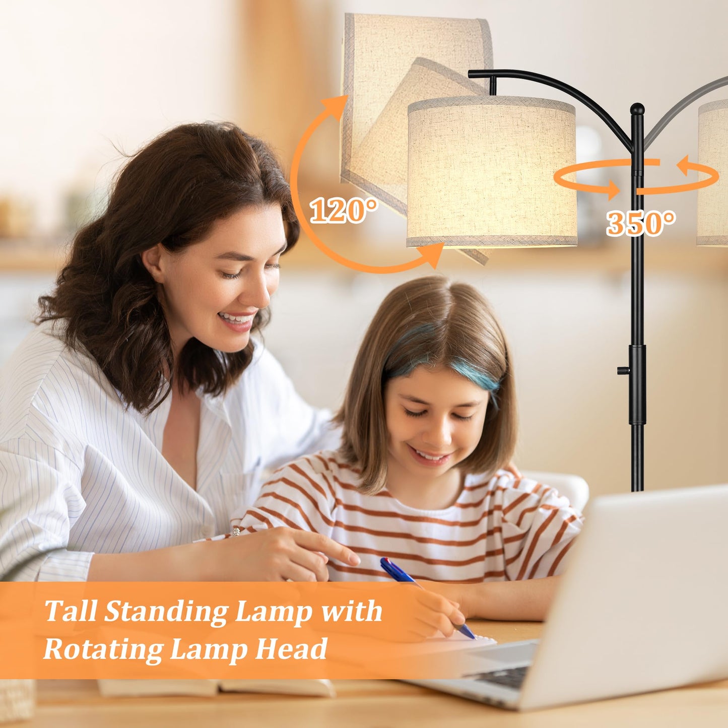 ROTTOGOON Dimmable Floor Lamp, Arc Floor Lamps for Living Room, Stepless Dimming Modern Standing Lamp with Linen Shade, Tall Lamp for Bedroom Office Dining Room- Black