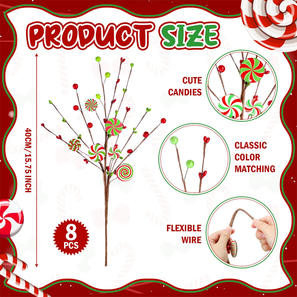 Janinka 8 Pcs Christmas Picks Red and Lime Green Candy Cane Decor Xmas Tree Picks Red Green Christmas Decorations Candy Xmas Tree Topper Lollipop Elf for Vase Fillers DIY Crafts Displays Home New Year