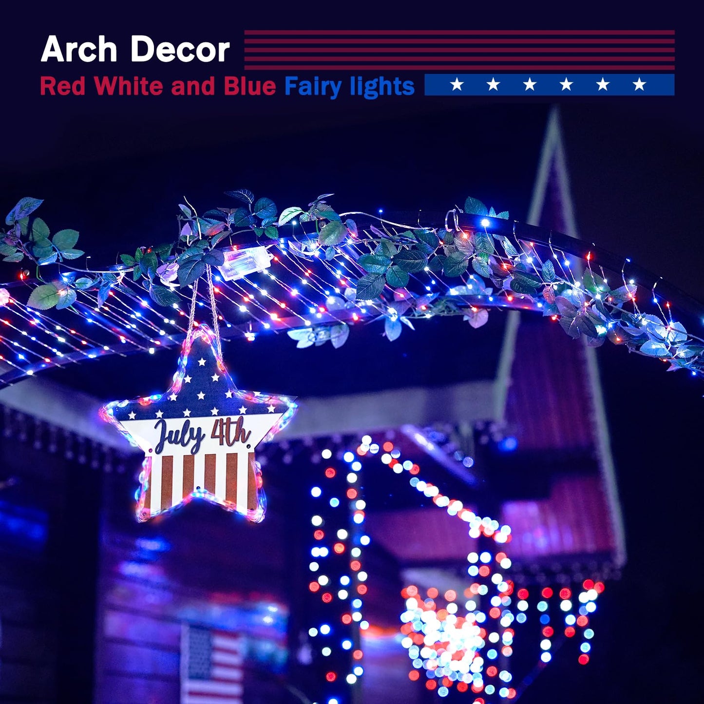 JMEXSUSS 2 Pack 100 LED Red White and Blue Fairy Lights Battery Operated, 33ft Battery Powered Twinkle Light with Remote, 8 Modes Red White and Blue String Lights for 4th of July Indoor Outdoor Decor