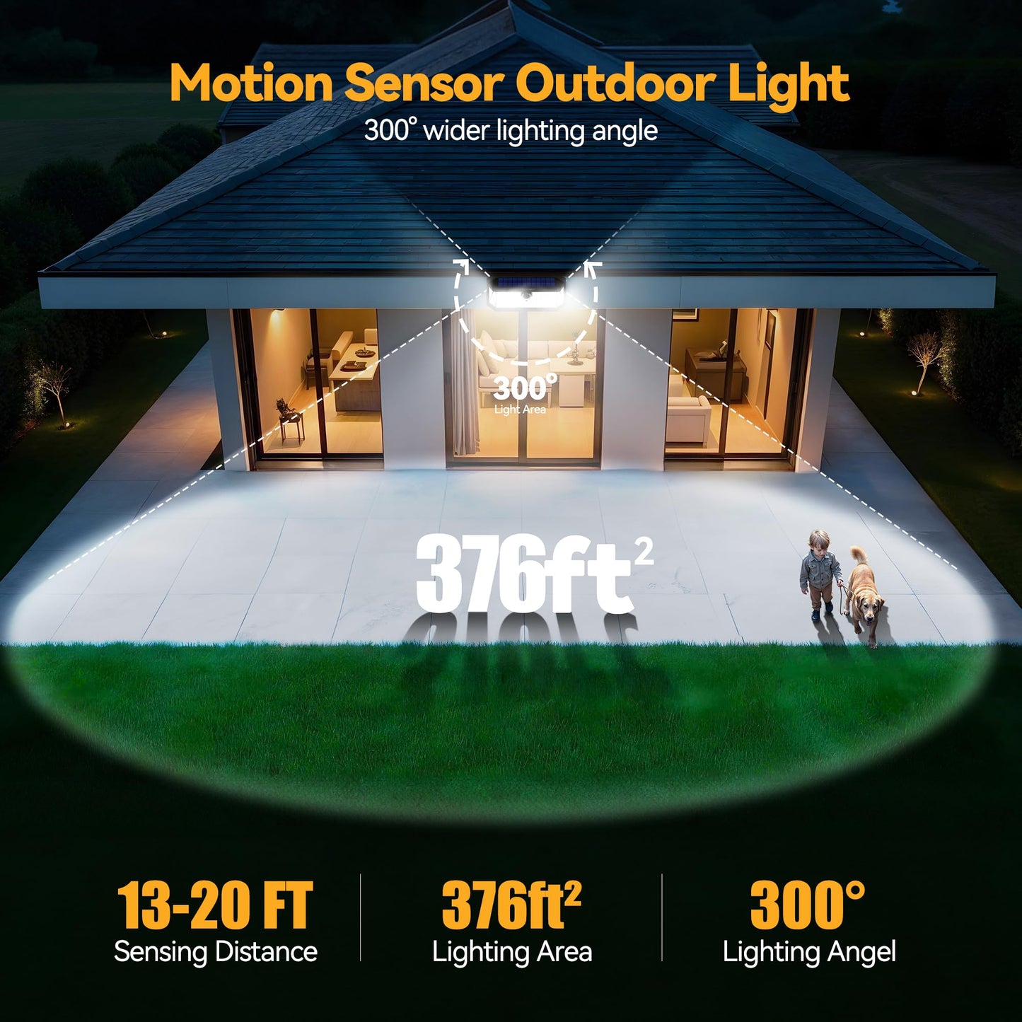 TECKNET 416 LED Solar Lights Outdoor Garden 4200Lm, Motion Sensor Garden Lights, 300° Angle & 3 Lighting Modes, Security Outdoor Wall Light IP66 Waterproof for Fence Front Door Yard Garage, 2 Packs