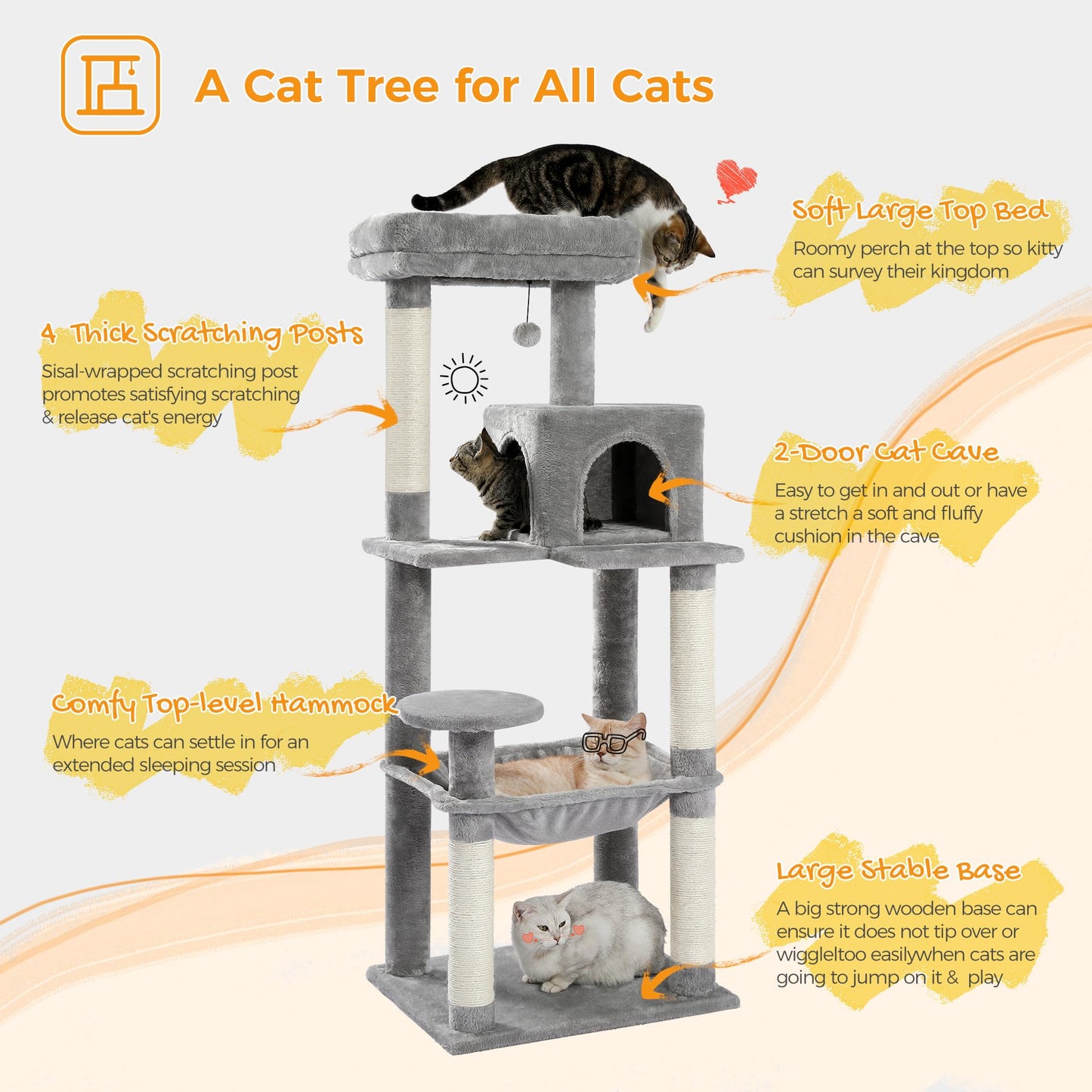 PAWZ Road 143cm Cat Tree for Indoor Cats with Metal Frame Large Hammock, 56.3 Inches Big Cat Tower with Scratching Posts and Top Perch, 4.7ft Multi-Level Activity Center with Replaceable Pompon, Grey