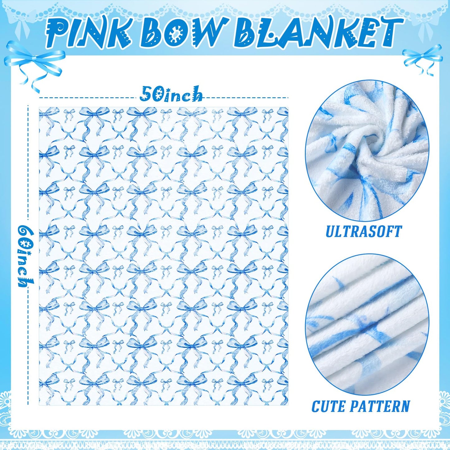 Buryeah Blue Bow Throw Blanket Valentine's Day Galentines Day Gifts Preppy Blanket Coquette 50 X60 Flannel Soft Cute Bow Lightweight Aesthetic Room Decor for Women Friends for Sofa Couch Travel Bed