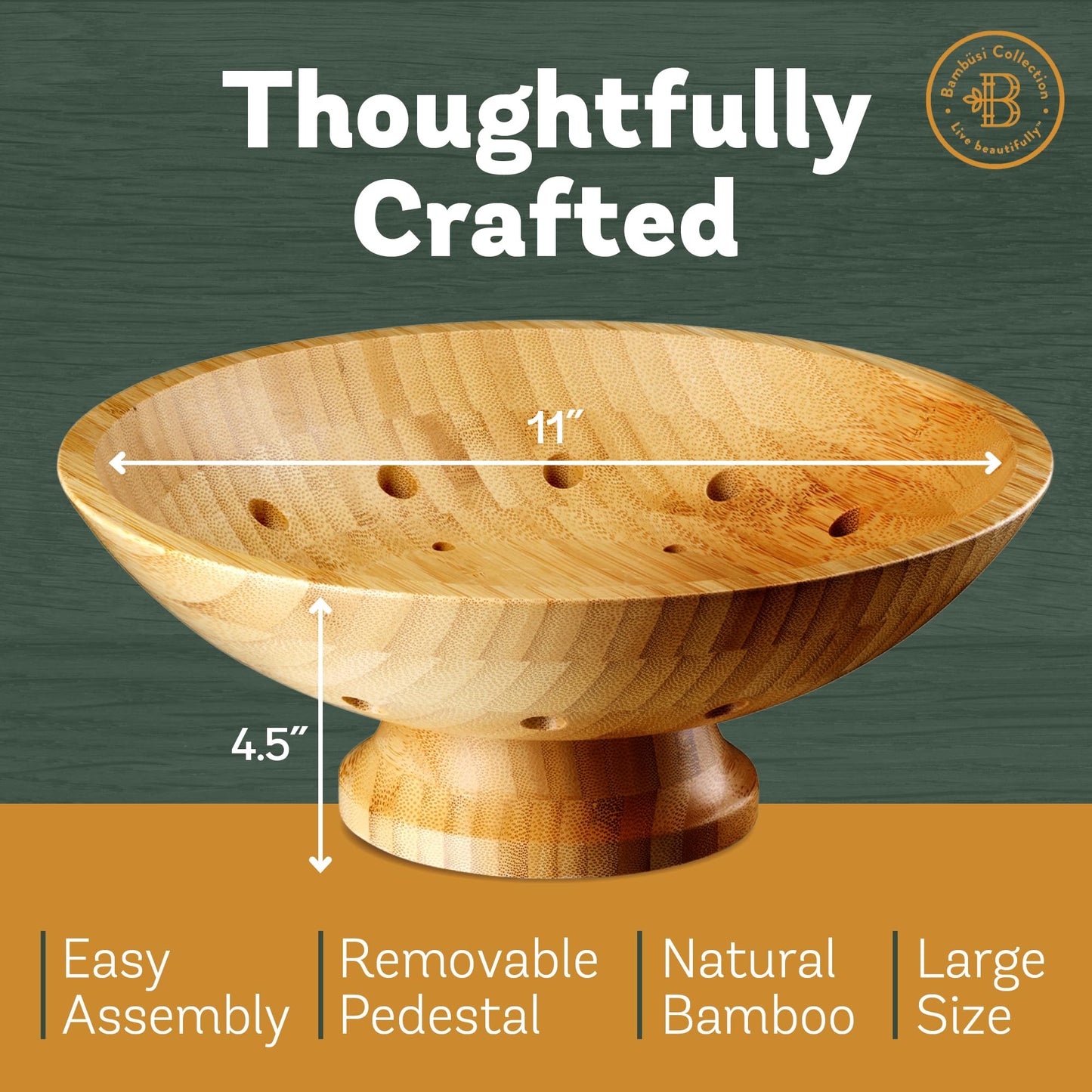 Fruit Basket for Kitchen Counter - Fruit Bowl for Kitchen Counter, Bamboo Pedestal Fruit Basket with Ventilation Holes, Wooden Fruit Bowl for Fruit and Vegetable Storage, Decorative Frutero for Cocina