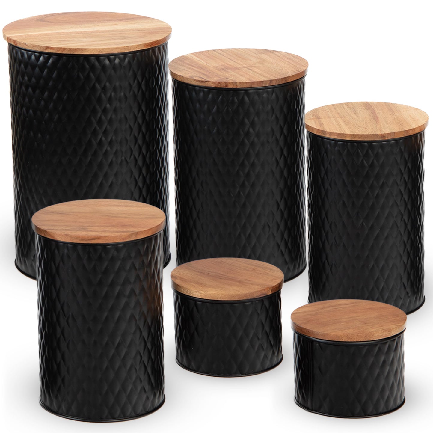 Alasitas 6 Canister Set for the Kitchen Countertop – Metal Food Storage Canisters with Airtight Lids for Flour, Tea, Crafts, Coffee, & Sugar – Container Set with Modern Wood Lids, Black