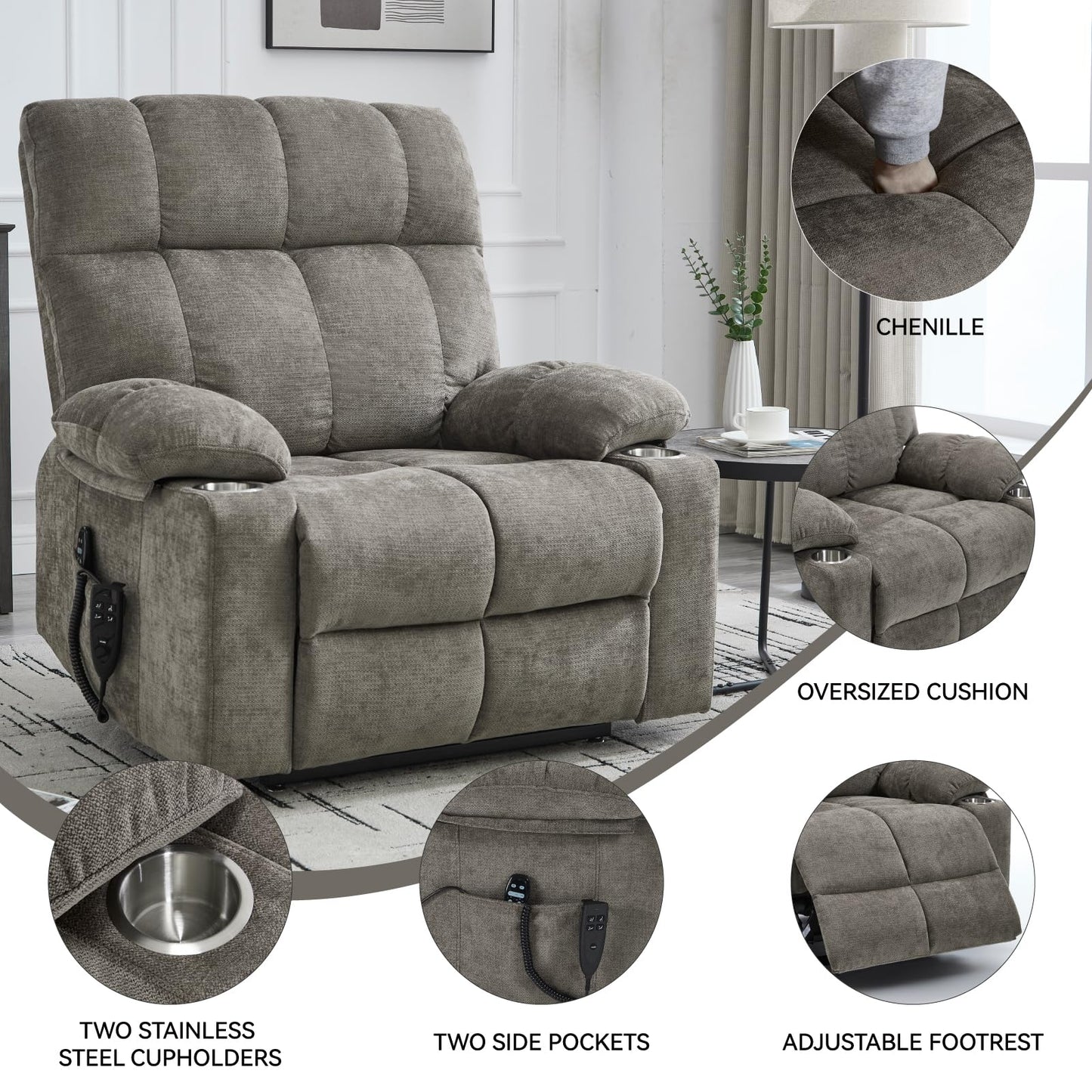 KEIKI Large Dual Motor Power Lift Recliner Chair for Adult, Chenille Upholstery Breathable Rocking Chair with Back Massager and Heated with Cup Holders, Famliy Daily Rest and Living Room Comfy, Brown